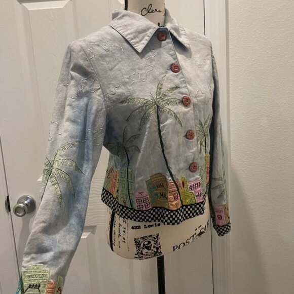 Y2K FUNKY JACKET MIAMI BEACH ART EMBROIDERED CITY DEMIN BLUE COLORS SZ XS RETRO - Picture 6 of 16